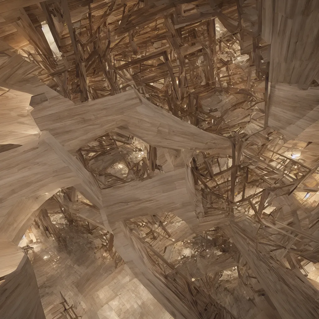 Image similar to a wooden and marble monumental stair tower of light climbing up, designed by japanese architect, highly detailed, 4 k, unreal engine, volumetric lightning, mist, golden goddess athena