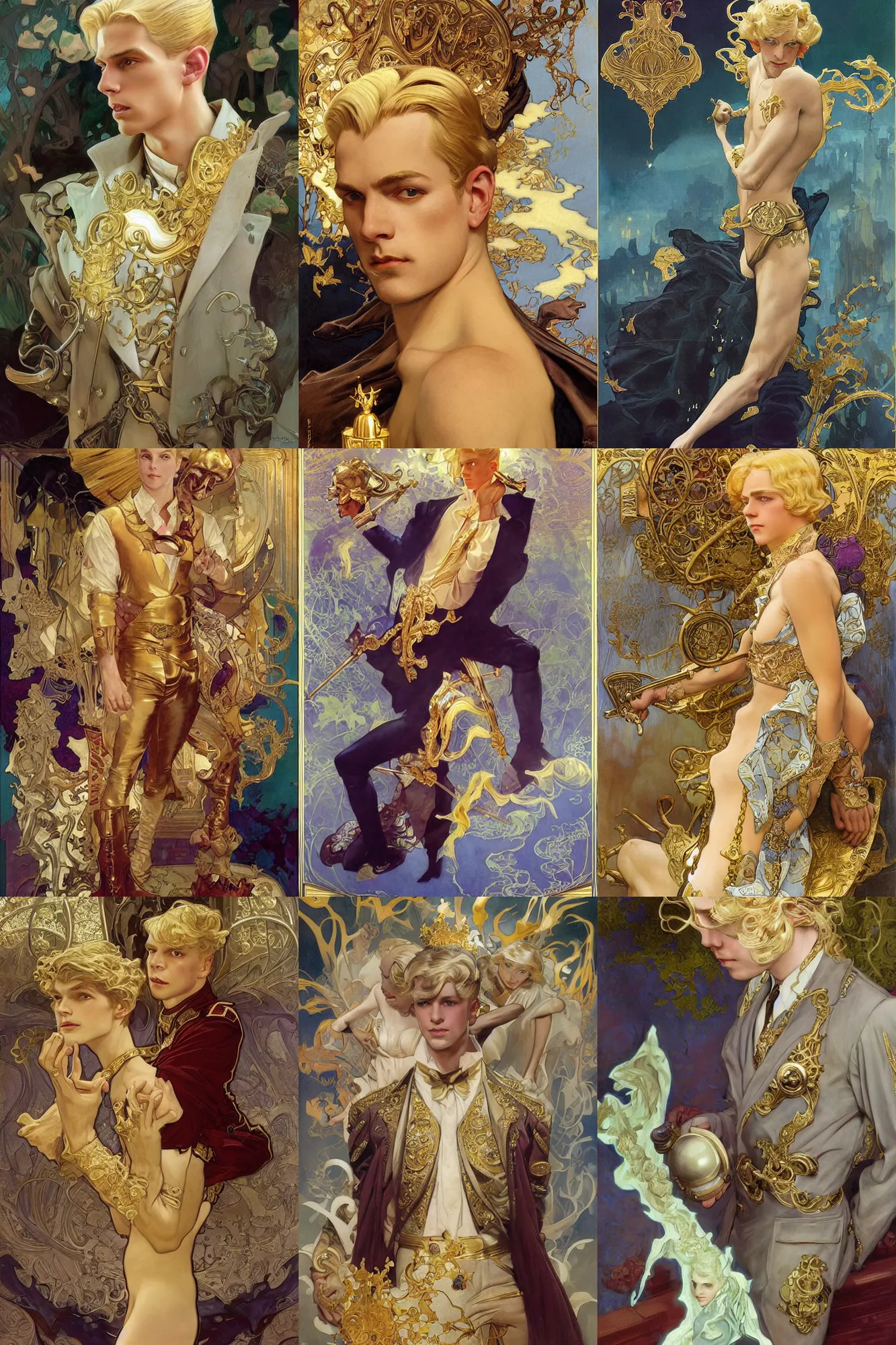 Prompt: beautiful young prince, blonde hair, gold, 1 9 2 0 s fashion, fantasy, art by joseph leyendecker, peter mohrbacher, dean cornwell, donato giancola, ruan jia, marc simonetti, cedric peyravernay, alphonse mucha