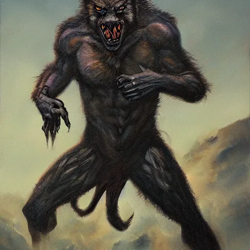 Prompt: oil painting of a werewolf in mid transformation in the style of richard corben, artstation