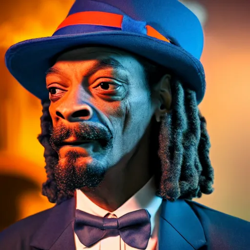 Prompt: snoop dogg as a rough dirty old man with a scruffy beard in a dark blue trenchcoat wearing an orange bowtie as the new doctor who, cinematic, volumetric lighting, f 8 aperture, cinematic eastman 5 3 8 4 film, photorealistic