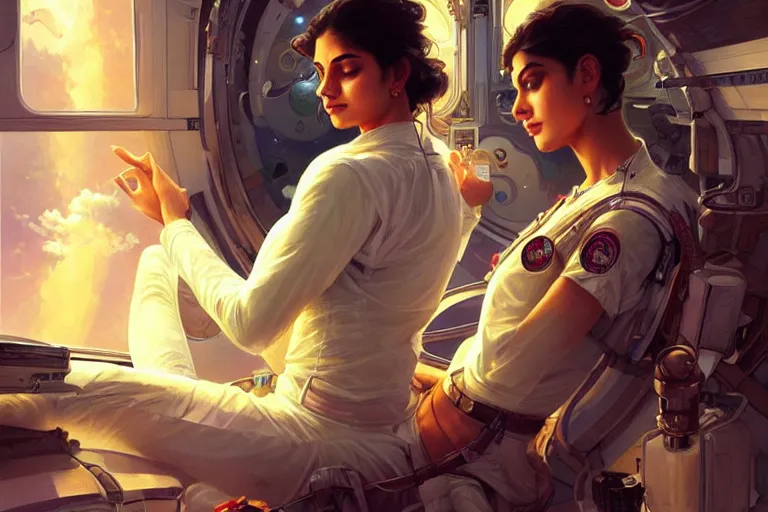 Image similar to Sensual good looking pale young Indian doctors wearing jeans in a space station above Earth, portrait, elegant, intricate, digital painting, artstation, concept art, smooth, sharp focus, illustration, art by artgerm and greg rutkowski and alphonse mucha