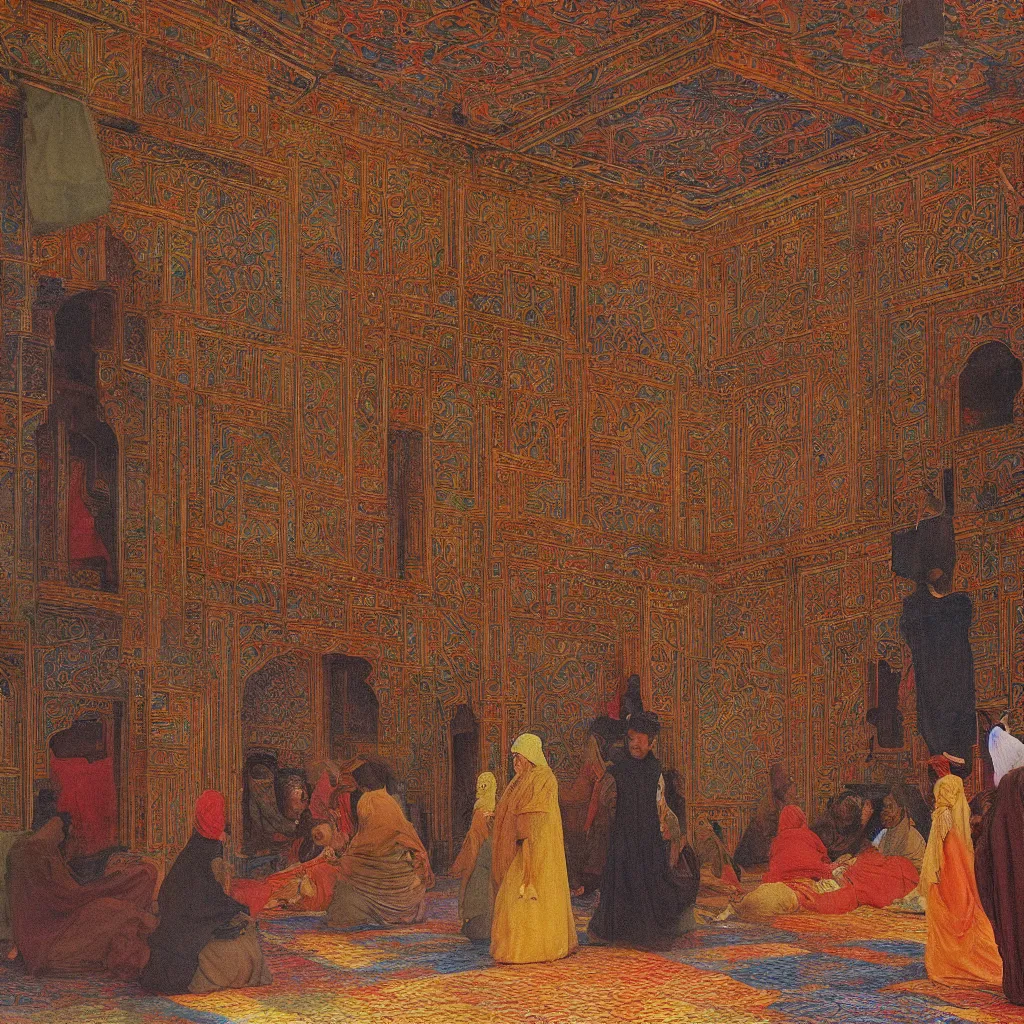 Image similar to brightly coloured patterns on its ceilings, osman hamdi bey style,