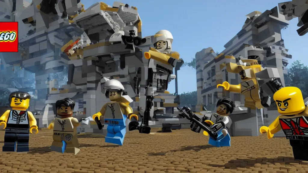 Prompt: lego first-person shooter in game screenshot, bright, serious, high contrast, unreal engine 5