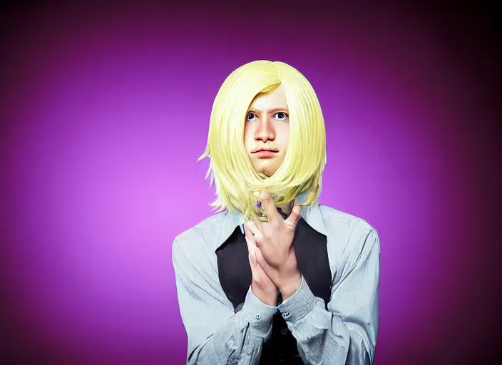 Prompt: waifish androgynous person with mid length blond hair on stage in front of an audience alien instruments zeiss lens masterpiece stage lighting photograph by torbjorn rodland high contrast rule of thirds 8 k realistic paint texture