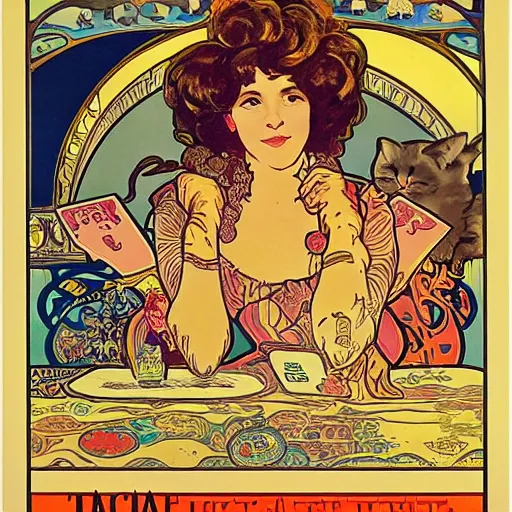 Image similar to a vintage poster with border of a Caucasian fortune teller lady with curly hair, a spread of tarot cards on a table, cats on her side, in a colorful tent, Alphonse Mucha poster ,