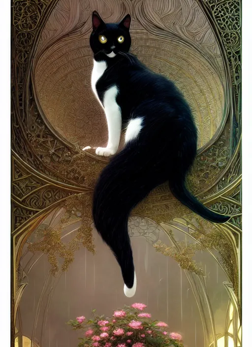 Image similar to tuxedo cat taking shelter from the rain, fantasy, intricate, elegant, hyper detailed, ultra definition, photoreal, artstation, unreal engine rendered, concept art, smooth, sharp focus, illustration, art by artgerm and greg rutkowski and alphonse mucha and garis edelweiss