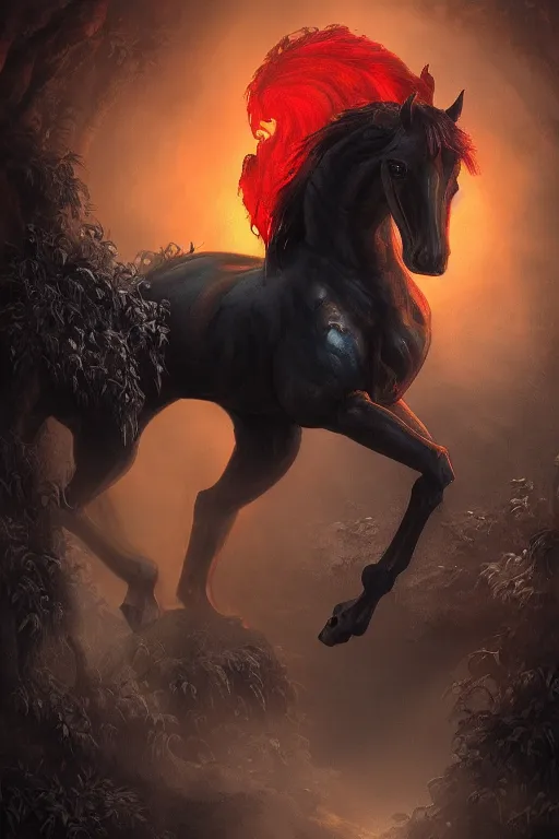 Prompt: nightmare fire horse in a secret mythical garden, dramatic lighting, inspired by brom art