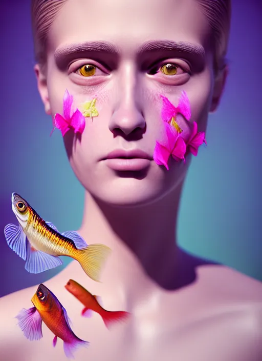 Image similar to Kodak Portra 400, 8K, soft light, volumetric lighting, highly detailed, fine art portrait photography in style of Giovanni Gastel , britt marling style 3/4 face morphing with soft pastel colors tropical fishes, metamorphosis complex 3d render, 150 mm lens, soft blur background, bust with intricate details, elegant, hyper realistic, ultra detailed, octane render, etheric, outworldly colours, emotionally evoking, head in focus, fantasy, ornamental, intricate, elegant, 8K, soft light, volumetric underwater lighting, highly detailed, Refined, Highly Detailed, soft lighting colors scheme, fine art photography, Hyper realistic, photo realistic