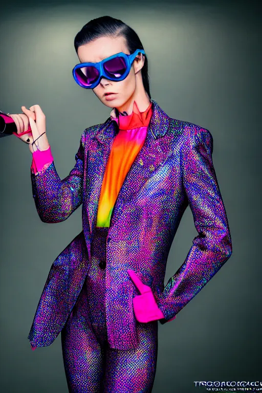 Prompt: realistic photoshooting for trouser suit for a rave, bright colors, vhs colour photography, photo for a magazine, photo for a store, fashion photography, Vogue,, cinematic, high detail, 8k, dynamic pose,Smooth skin, perfect face, 80mm lens, 1.2 aperture, close up, cinematic light, very detailed, cover magazine