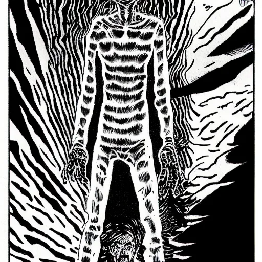 Image similar to manga panel of a skinwalker, junji ito, horror, scary, highly detailed,