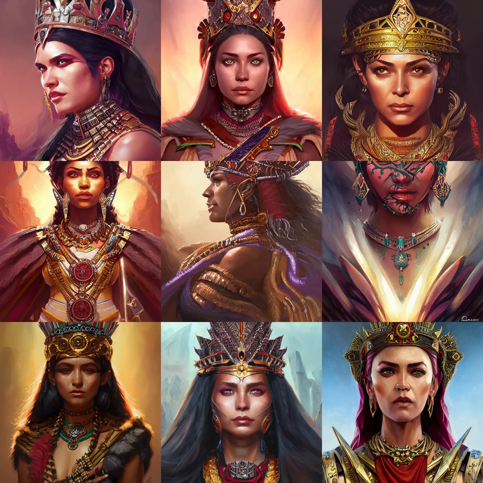 Prompt: aztec empress, D&D, fantasy, portrait, highly detailed, digital painting, trending on artstation, concept art, sharp focus, illustration, art by artgerm and greg rutkowski and magali villeneuve