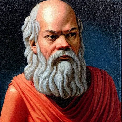 Prompt: socrates wearing a virtual reality headset looking up towards the stars, oil painting