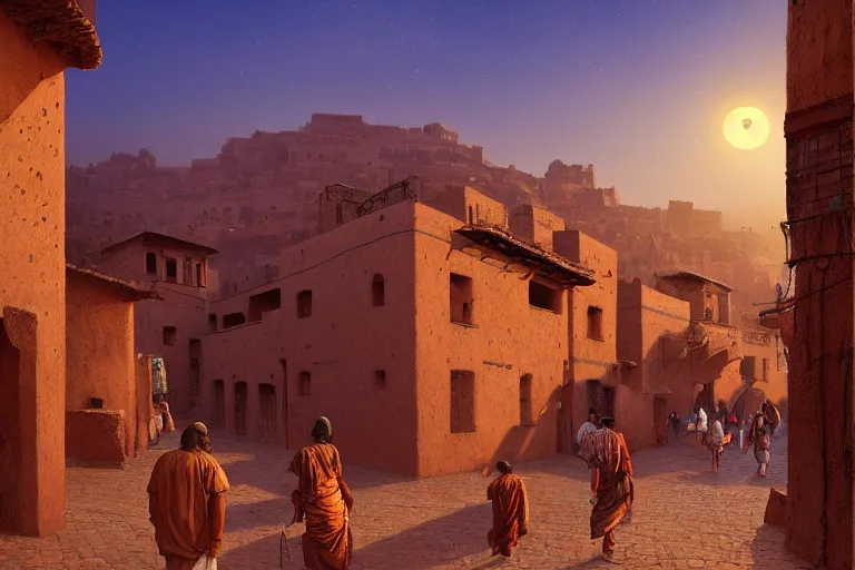 Image similar to in the middle of a adobe house kasbah town, mud and brick houses, merchant street, pueblo architecture, colorful crowd, festival. Scenic view at night, underexposed, clean horizon, matte painting by raphael lacoste and marc simonetti and craig mullins and christophe vacher, trending on artstation, 4k, intricate details