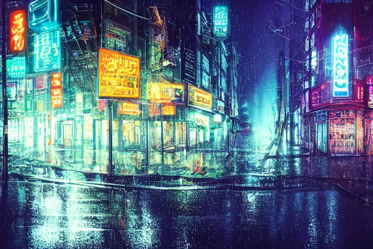 Image similar to Bustling photorealistic!!! rainy (((neon))) street in a utopian city illustrated and reimagined by Max Hay, inverted fisheye lens!!!, eyelevel!!! view!!! photography, trending on artstation, 4k, 8k, lens distortion, chromatic aberration, soft focus blur, photorealistic imagery, photorealistic details, intricate, highly detailed, artstation 3d, artstation render, artstation 3d render, 3d art, unreal engine 3d, octane 3d, blender 3d, 3d landscape