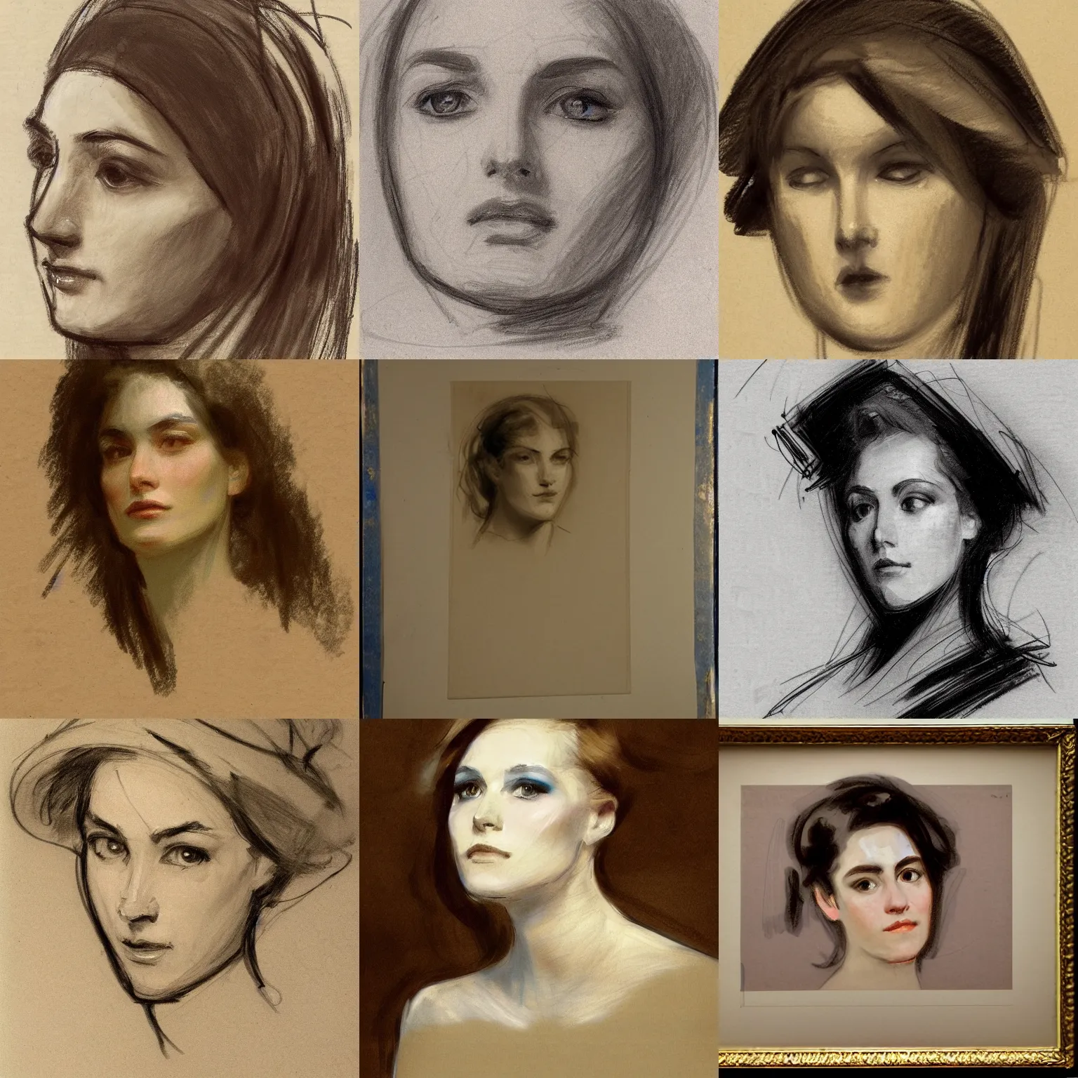 Prompt: step one construction sketch of a beautiful womans face, by john singer sargent