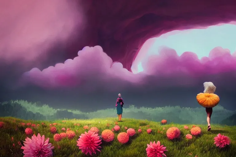 Image similar to giant dahlia flower as a head, girl walking on mountain, surreal photography, pink storm clouds, dramatic light, impressionist painting, digital painting, artstation, simon stalenhag