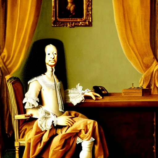 Image similar to Portrait of a mummy sitting at a Louis XIV desk, with very old curtains in the room. The desk has a very old phone on it. Dusty air