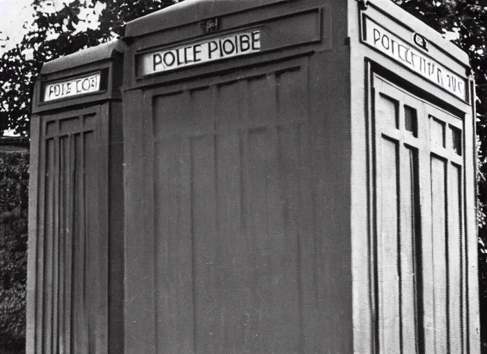 Image similar to photo of a metropolitan police box in suburban london, police box, 1930s, sepia, blurry, faded