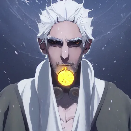 Image similar to a white haired man with yellow eyes, wearing a cultist robe, medieval background, highly detailed, digital painting, artstation, matte, by makoto shinkai, animation style, studio ghibli, anime key visual
