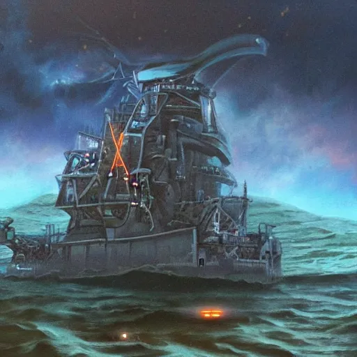 Image similar to a ship off the shore of a beautiful coast with a distant ominous biopunk tower filled with evil technology glowing in the distance, painting by John Berkley