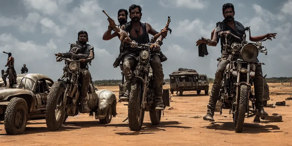 Prompt: sri lankan mad max style, city, film still, epic shot cinematography, rule of thirds