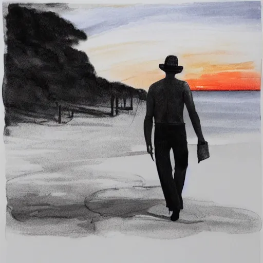 Image similar to ink and brush drawing of ben mendelsohn walking on the beach smoking, sunset