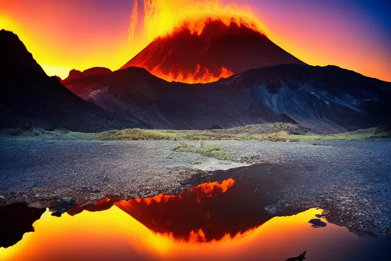 Prompt: amazing landscape photo of volcanic mountains with an eagle and lake in sunset by marc adamus beautiful dramatic lighting