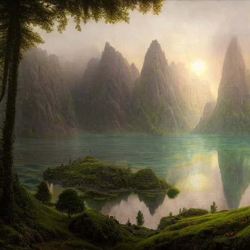 Image similar to a beautiful and highly detailed matte painting of the lost land by a beautiful lake, thick mist, sunlight, celtic, psychedelic, epic scale, insanely complex, hyperdetailed, sharp focus, hyperrealism, artstation, cgsociety, 8 k, bright colors, by caspar friedrich, albert bierstadt, james gurney, brian froud,