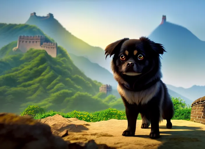 Image similar to a wholesome animation key shot of a black tibetan spaniel, great wall of china in the background, studio ghibli, pixar and disney animation, sharp, rendered in unreal engine 5, anime key art by greg rutkowski, bloom, dramatic lighting