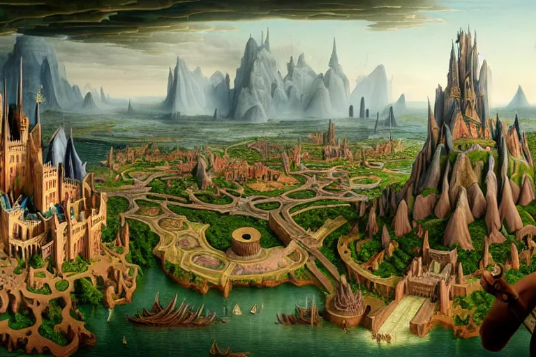 Prompt: a beautiful and insanely detailed matte painting of a magical mythical medieval mega city with surreal architecture and mythical creatures designed by Heironymous Bosch, mega cathedral castles inspired by Heironymous Bosch's Garden of Earthly Delights, painting by Bernardo Bellotto and Jim Burns and Noah Bradley, rich pastel color palette, masterpiece, grand, imaginative, intricate details