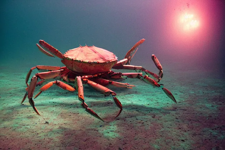 Prompt: robot crab underwater, in 2 0 1 2, bathed in the the glow of a crt television, crabcore, low - light photograph, photography by tyler mitchell