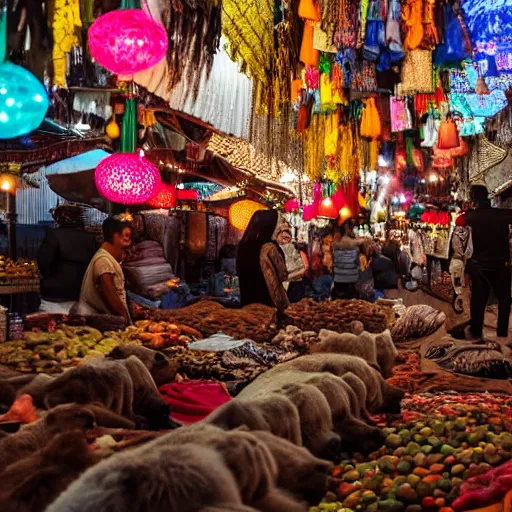 Prompt: a detailed night market full of bears in Marrakech, Gigapixel photo, detailed, glowing string lights, realistic