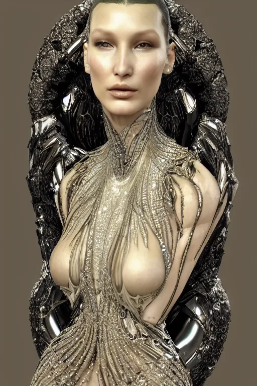 Prompt: a portrait of a beautiful ancient alien woman goddess bella hadid in iris van herpen dress in diamonds and fractals in style of alphonse mucha art nuvo dmt trending on artstation made in unreal engine 4