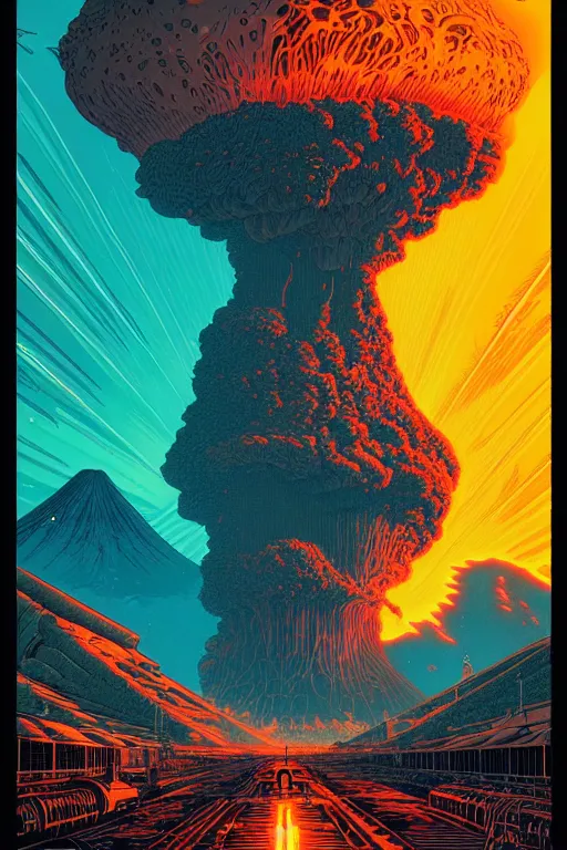 Image similar to artwork by kilian eng and ( dan mumford ) and toshi yoshida and franklin booth showing a gigantic futuristic powerstation!! in front of a ( ( exploding volcano ) ), vintage scifi, high details, dramatic lightning,, 8 k