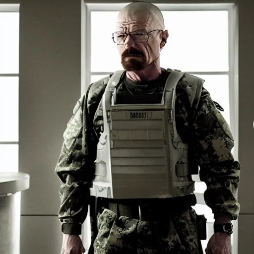 Image similar to Photo of Walter White wearing heavy modern military gear and holding a bulletproof shield, highly detailed, 8k