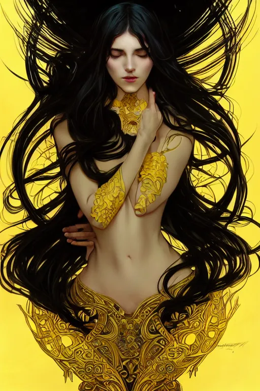 Prompt: beautiful black yellow, dark fantasy, intricate, elegant, highly detailed, digital painting, artstation, concept art, matte, sharp focus, illustration, art by artgerm and alphonse mucha