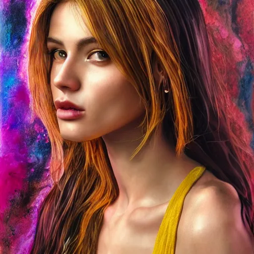 Image similar to hyperrealistic mixed media painting of a a beautiful female, when your a hot af woman whos magical but you're also lowkey dead inside, dim volumetric lighting, 8 k octane beautifully detailed render, post - processing, portrait, extremely hyper - detailed, intricate, epic composition, cinematic lighting, masterpiece, trending on artstation, very very detailed, masterpiece, stunning,