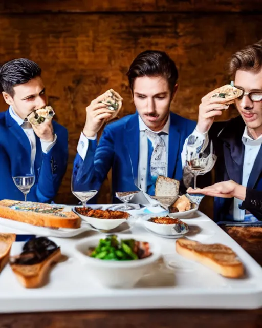 Prompt: a group of well dressed gentleman eating blue toothpaste toasts in a fancy restaurant,
