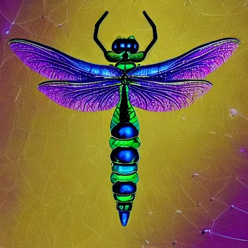 Image similar to brown woman wearing a shiny dragonfly armor. dragon fly wings for hair. green, blue, and purple sheen. intricate. super detailed. layered. textured. award winning. dispersion of light. refracted lighting. soft. fragile.