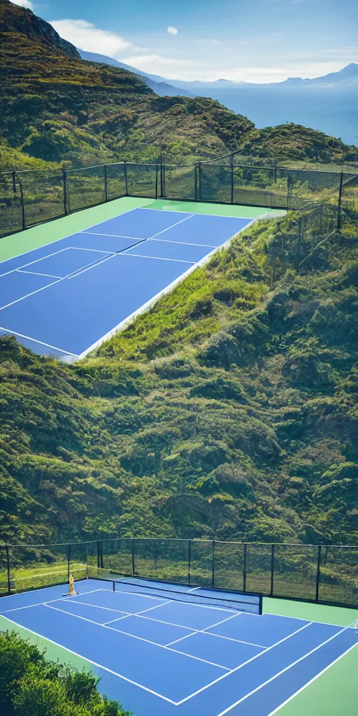 Image similar to Tennis court between mountains and sea. the style of National Geographic magazine