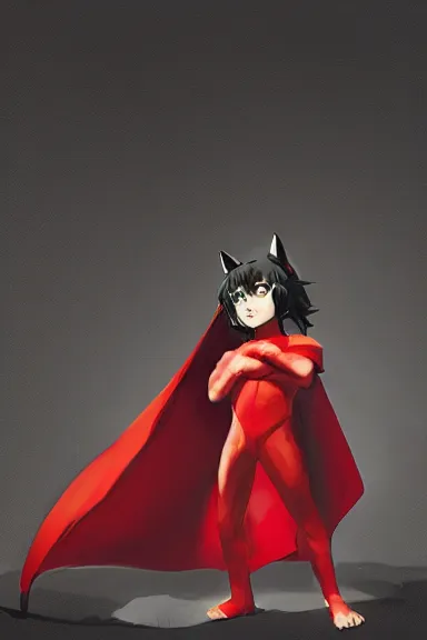 Image similar to little boy with cat ears in an black outfit with red cape. digital artwork made by lois van baarle and kentaro miura and marc simonetti, sharpness focus, inspired by hirohiko araki, anatomically correct, heroic composition, hero pose, smooth, concept art