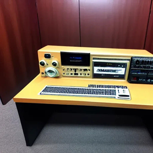 Prompt: large radio console, desk with lots of ham radio, yaesu, icom, kenwood, amateur radio, 8 k, photo realistic, high detail