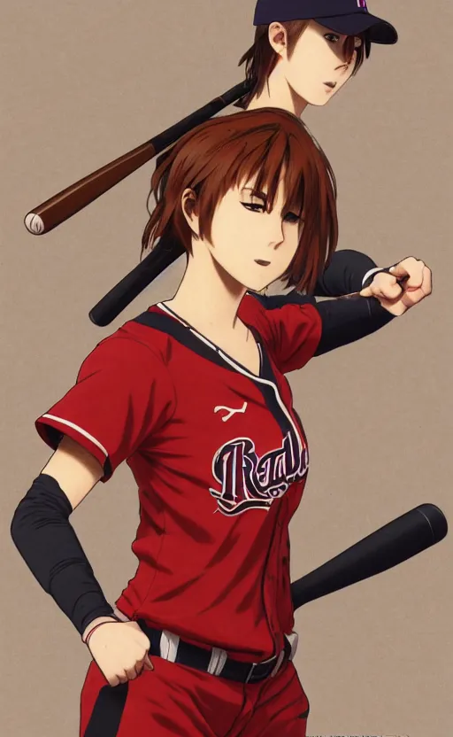 Image similar to anime style, female baseball player, red sport clothing, homerun, brown short hair, hair down, symmetrical facial features, from arknights, hyper realistic, rule of thirds, extreme detail, 4 k drawing, safebooru, realistic lighting, by alphonse mucha, greg rutkowski, sharp focus, backlit