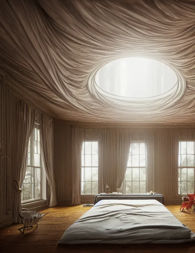 Prompt: an ultra wide angle photo of a bed hovering above the floor in the middle of a giant victorian bedroom with windows opening to other worlds by casey weldon and lee madgewick, photorealistic, octane render, recursive, flowing, cascading, multiverse, labyrinthine