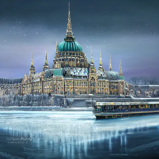 Image similar to an extremely realistic painting depicting the coronation of viktor orban on the frozen danube, detailed, intricate, elegant, fat, highly detailed, digital painting, artstation, concept art, smooth, sharp focus, illustration,