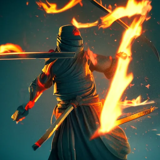 Image similar to a ninja with a sword in a fire background, 3 d render octane, trending on artstation