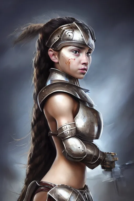 Image similar to a photo-realistically painted portrait of an attractive young girl, partially clothed in chunky battle armor, abstract background, flawless olive skin, fair complexion, long dark hair, beautiful bone structure, perfectly symmetric facial features, perfect photorealistic eyes, natural physique, intricate, elegant, digital painting, concept art, finely detailed, beautifully illustrated, sharp focus, minimal artifacts, volumetric lighting, from Metal Gear, by Ruan Jia and Mandy Jurgens and Artgerm and William-Adolphe Bouguerea, in the style of Greg Rutkowski, trending on Artstation, award winning art