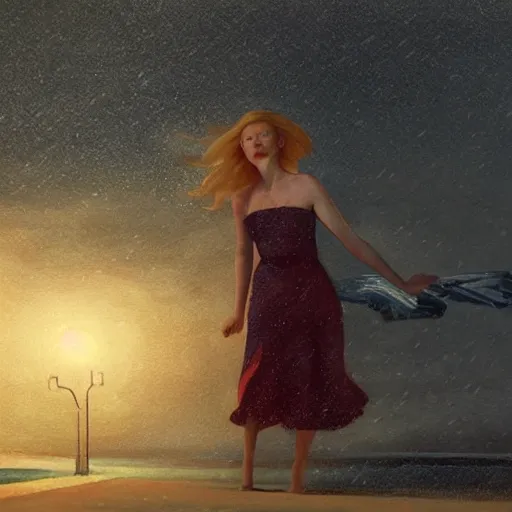 Image similar to Elle Fanning opening a portal on the beach in the world of Edward Hopper, stormy snowy weather, streetlights, extremely detailed masterpiece, oil on canvas, low-key neon lighting, artstation, Blade Runner 2049, Roger Deakin’s cinematography, by J. C. Leyendecker and Peter Paul Rubens,