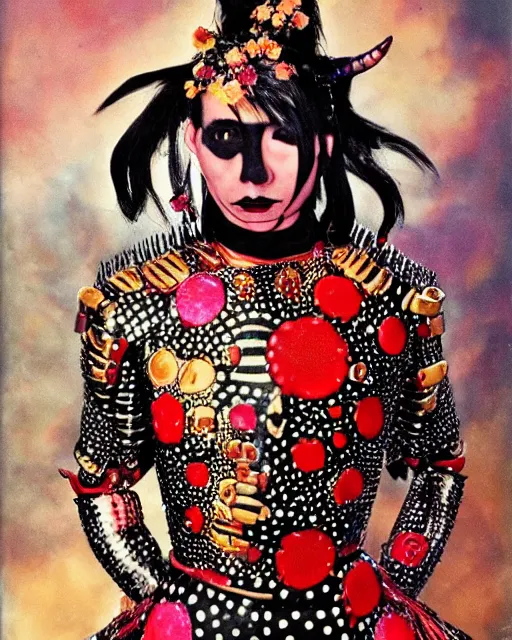 Image similar to portrait of a skinny punk goth yayoi kusama wearing armor by simon bisley, john blance, frank frazetta, fantasy, thief warrior, floral flowers colorful