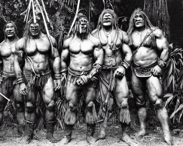 Prompt: hyper realistic group vintage photograph of an orc warrior tribe in the jungle, tall, muscular, hulk like physique, tribal paint, tribal armor, grain, old